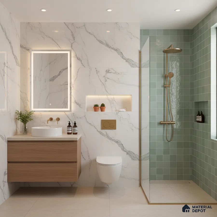 Modern bathroom with marble-look wall tiles, sage green grid shower tiles, and light wood floating vanity | Material Depot