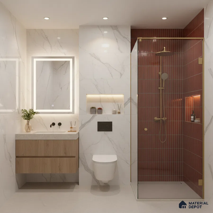 Modern bathroom with marble-look wall tiles, terracotta fluted shower tiles, and floating wood vanity | Material Depot