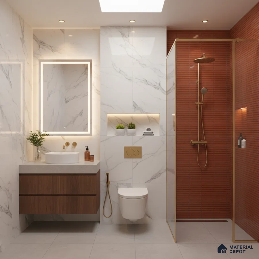 Modern bathroom with marble-look wall tiles, terracotta fluted shower tiles, and wooden vanity | Material Depot