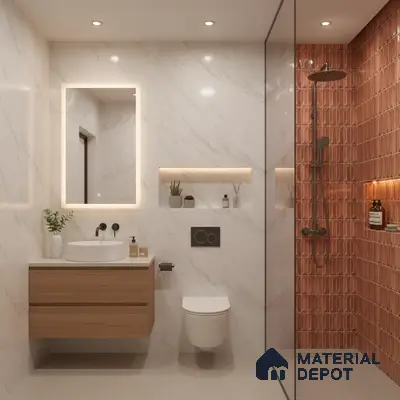 Modern bathroom with marble-look wall tiles, terracotta geometric highlighter shower tiles, and wood vanity | Material Depot