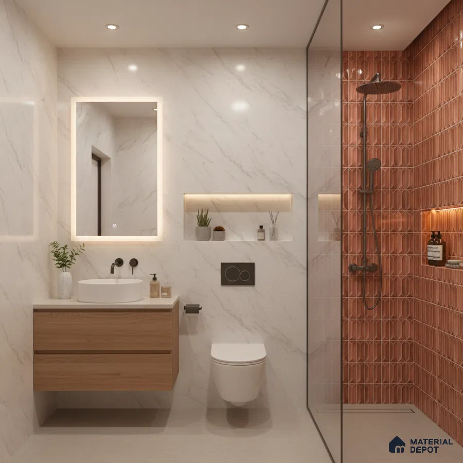 Modern bathroom with marble-look wall tiles, terracotta geometric highlighter shower tiles, and wood vanity | Material Depot
