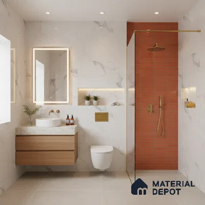 Modern bathroom with marble-look wall tiles, terracotta kitkat shower tiles, and floating wood vanity | Material Depot