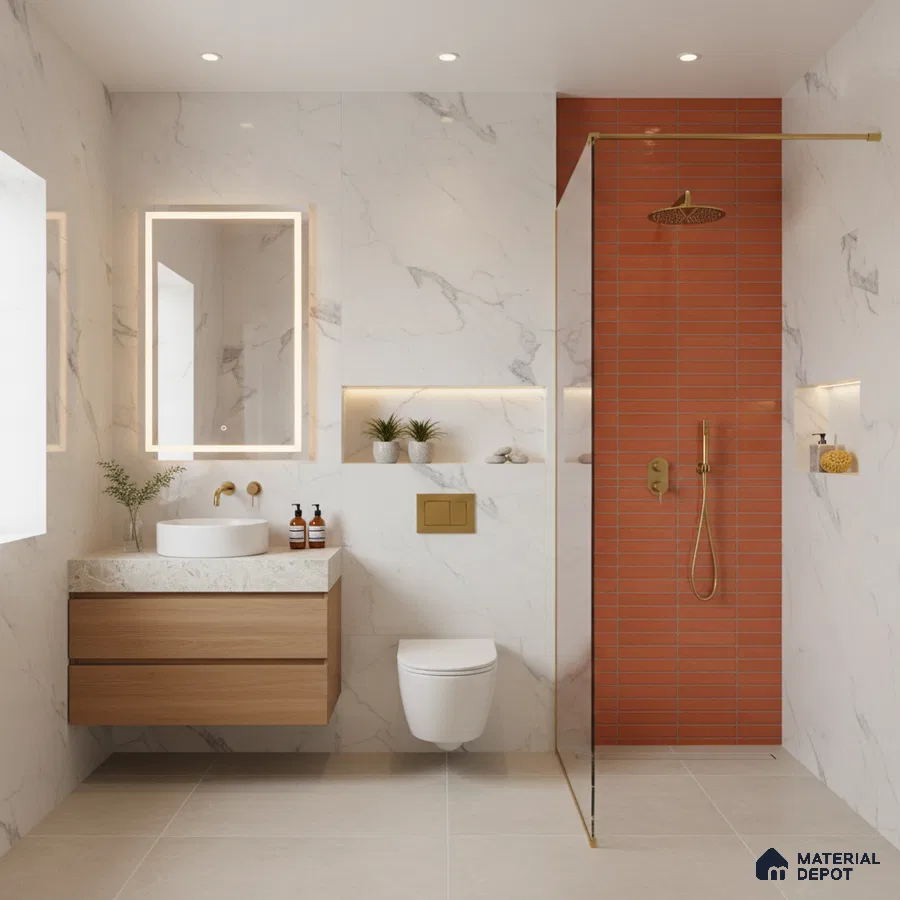 Modern bathroom with marble-look wall tiles, terracotta kitkat shower tiles, and floating wood vanity | Material Depot