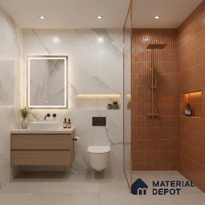 Modern bathroom with marble-look wall tiles, terracotta kitkat shower tiles, and floating wood vanity | Material Depot