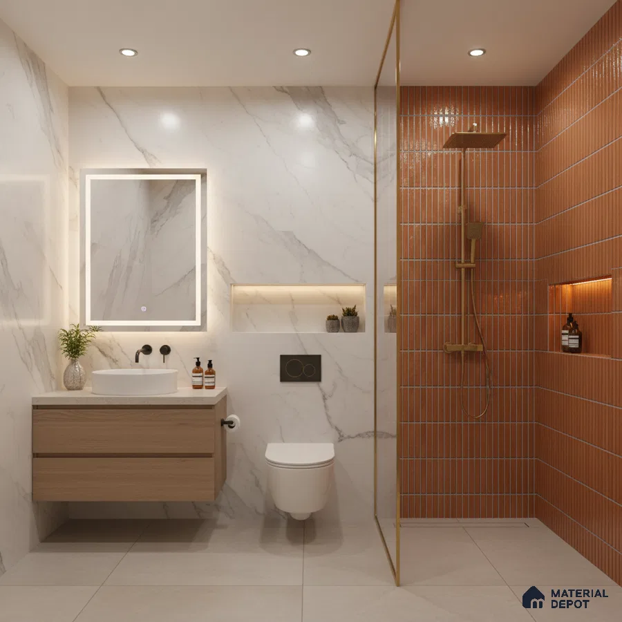 Modern bathroom with marble-look wall tiles, terracotta kitkat shower tiles, and floating wood vanity | Material Depot
