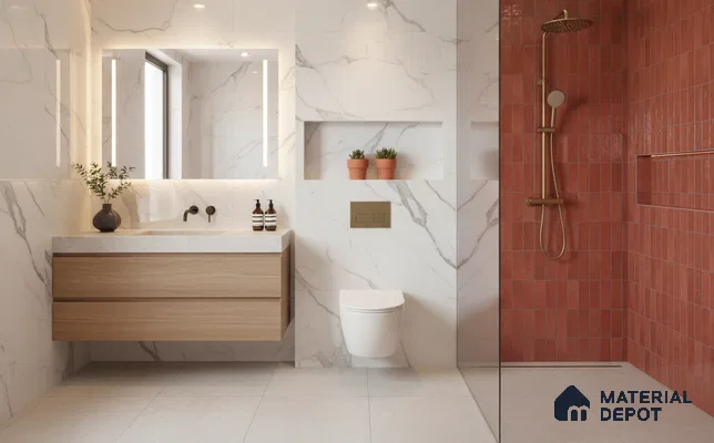 Modern bathroom with marble-look wall tiles, terracotta kitkat shower tiles, and floating wood vanity | Material Depot