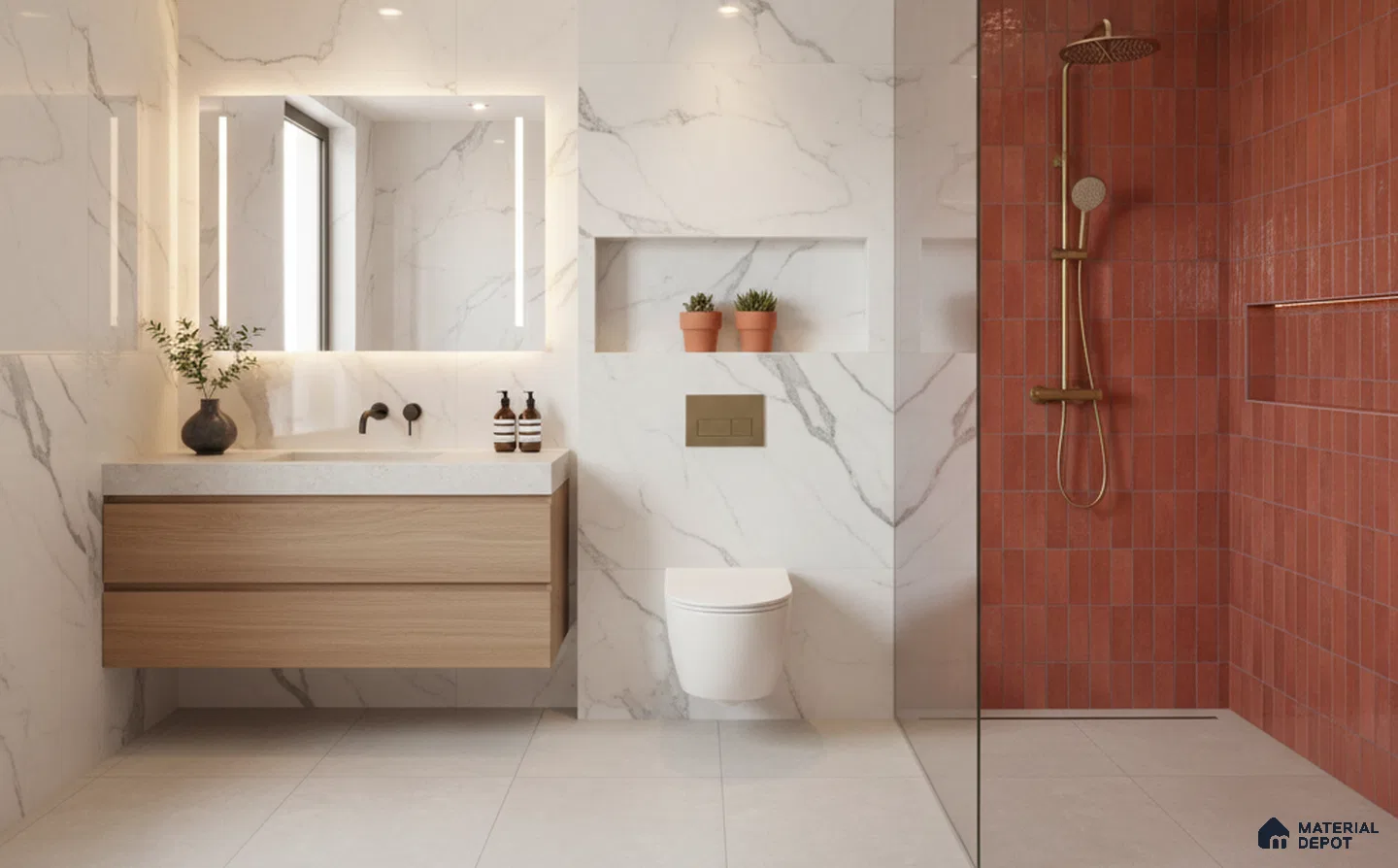 Modern bathroom with marble-look wall tiles, terracotta kitkat shower tiles, and floating wood vanity | Material Depot