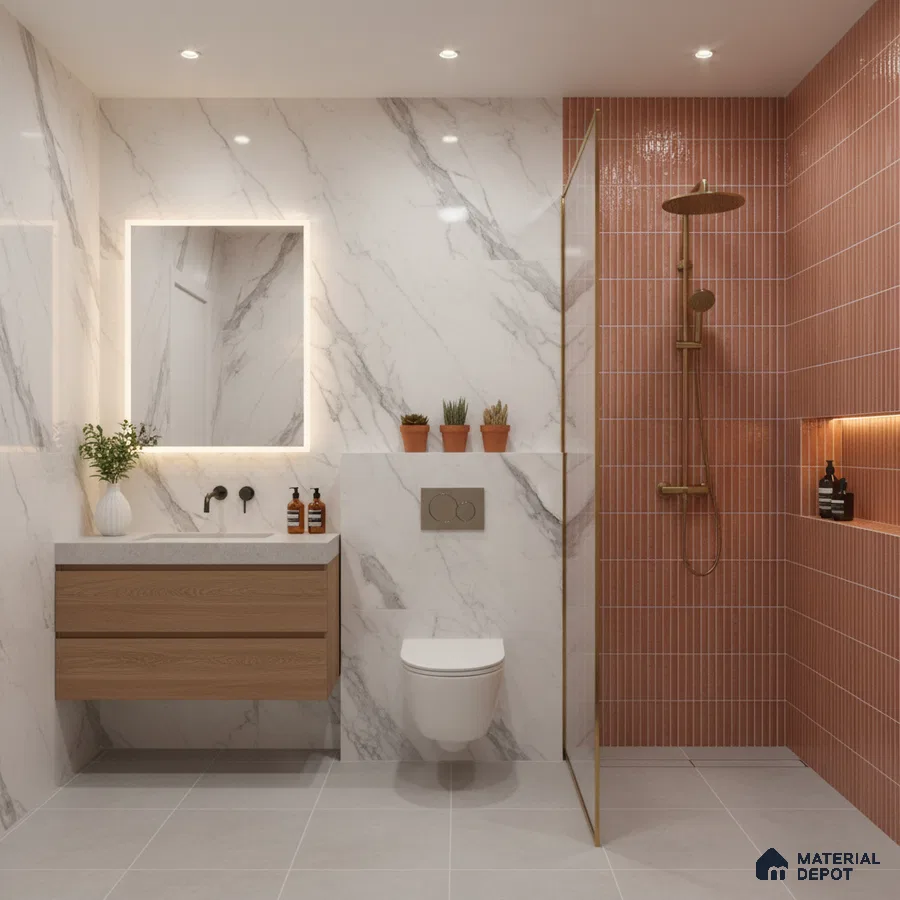 Modern bathroom with marble-look wall tiles, terracotta kitkat shower tiles, and floating wood vanity | Material Depot