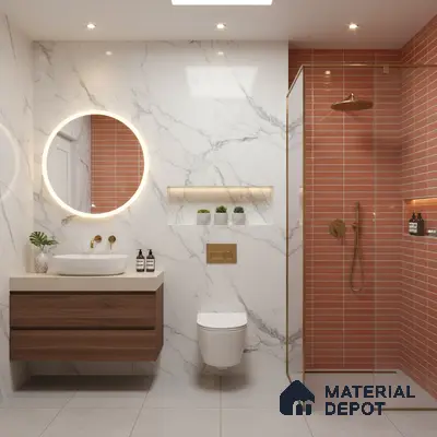Modern bathroom with marble-look wall tiles, terracotta kitkat shower tiles, and wood vanity | Material Depot