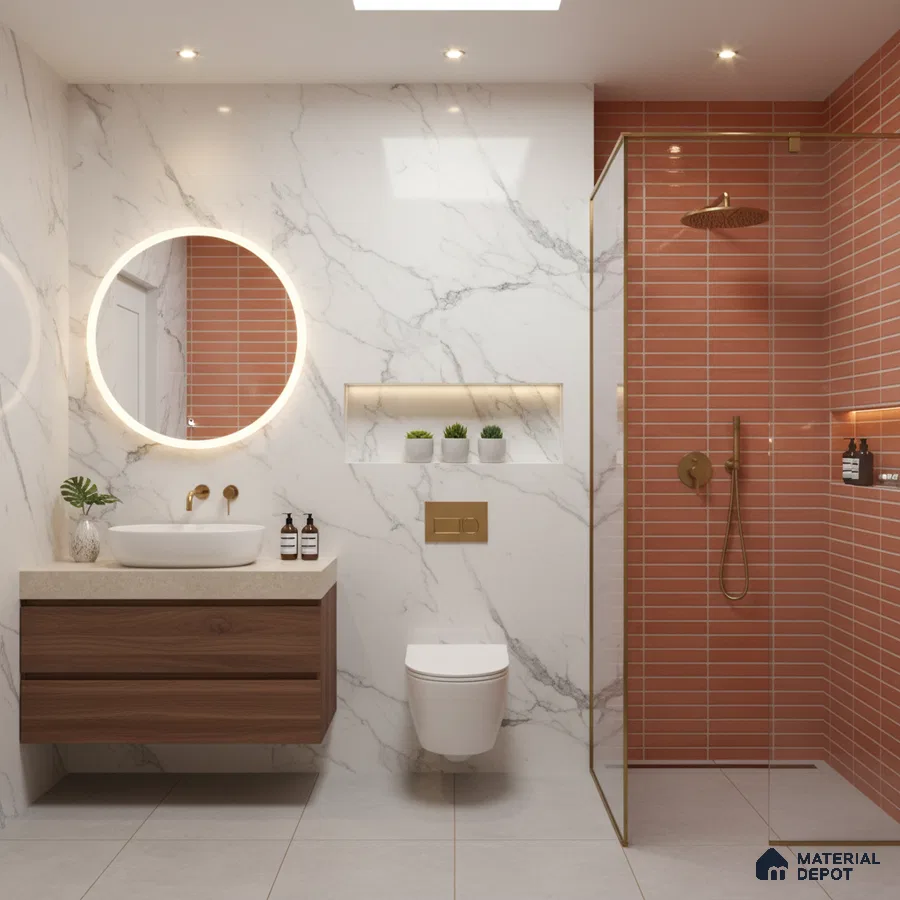 Modern bathroom with marble-look wall tiles, terracotta kitkat shower tiles, and wood vanity | Material Depot