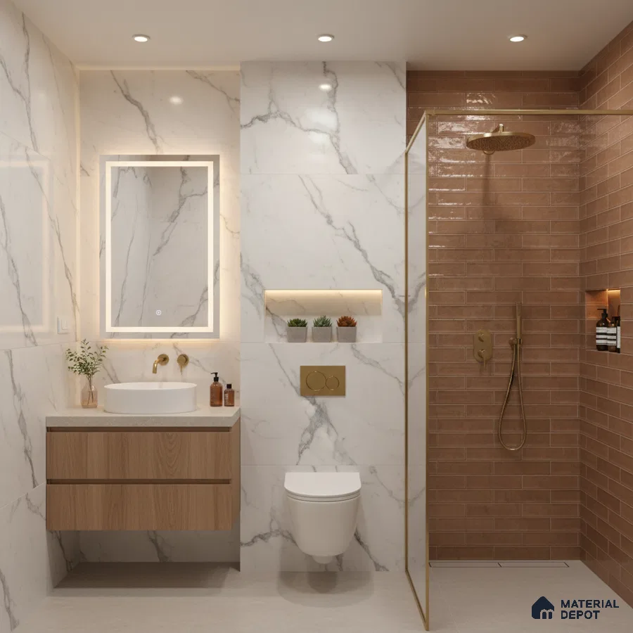 Modern bathroom with marble-look wall tiles, terracotta subway shower tiles, and wood vanity | Material Depot