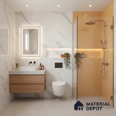 Modern bathroom with marble-look wall tiles, yellow fish scale highlighter tiles, and floating wood vanity | Material Depot