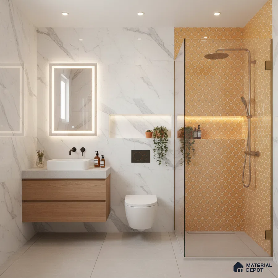 Modern bathroom with marble-look wall tiles, yellow fish scale highlighter tiles, and floating wood vanity | Material Depot