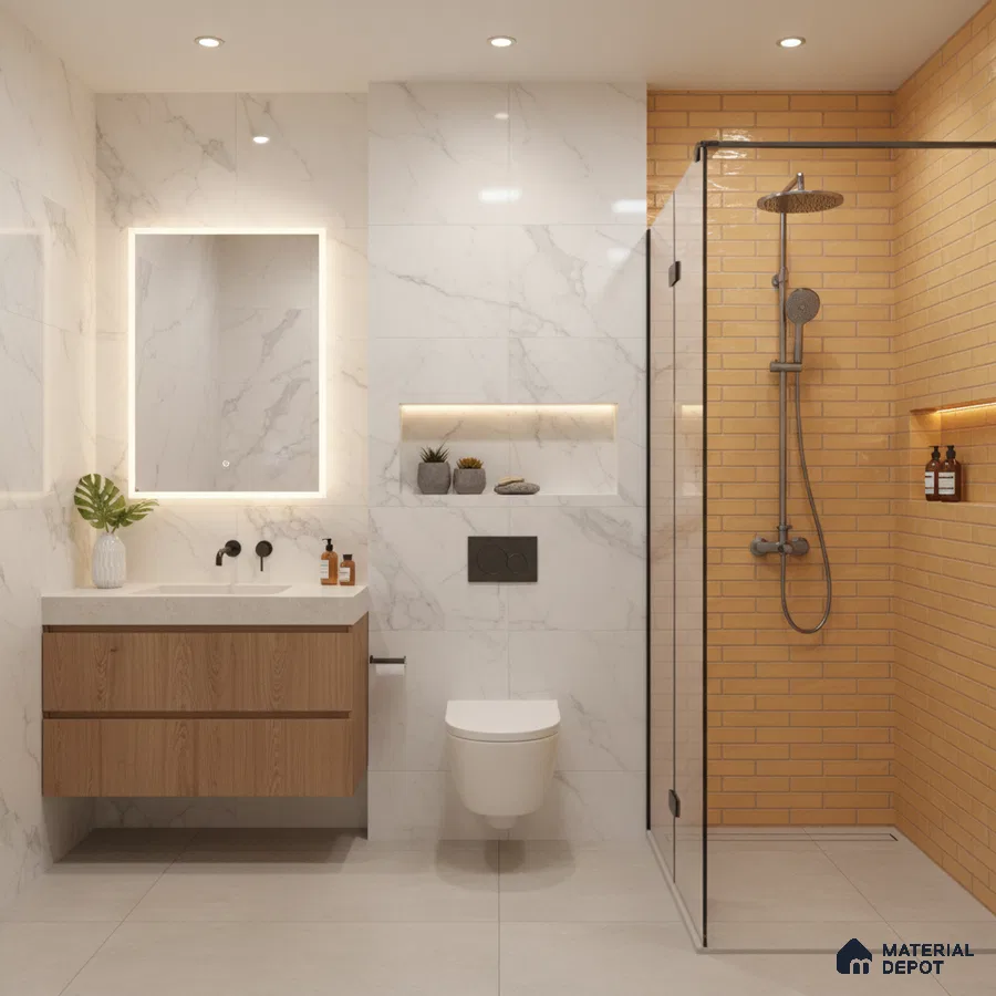 Modern bathroom with marble-look wall tiles, yellow subway shower tiles, and wood vanity | Material Depot