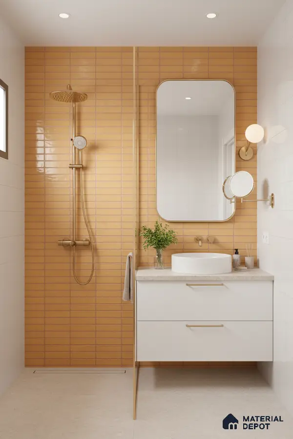 Modern bathroom with matte beige kitkat wall tiles and white vanity | Material Depot