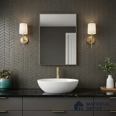 Modern bathroom with matte black chevron wall tiles and black marble countertop