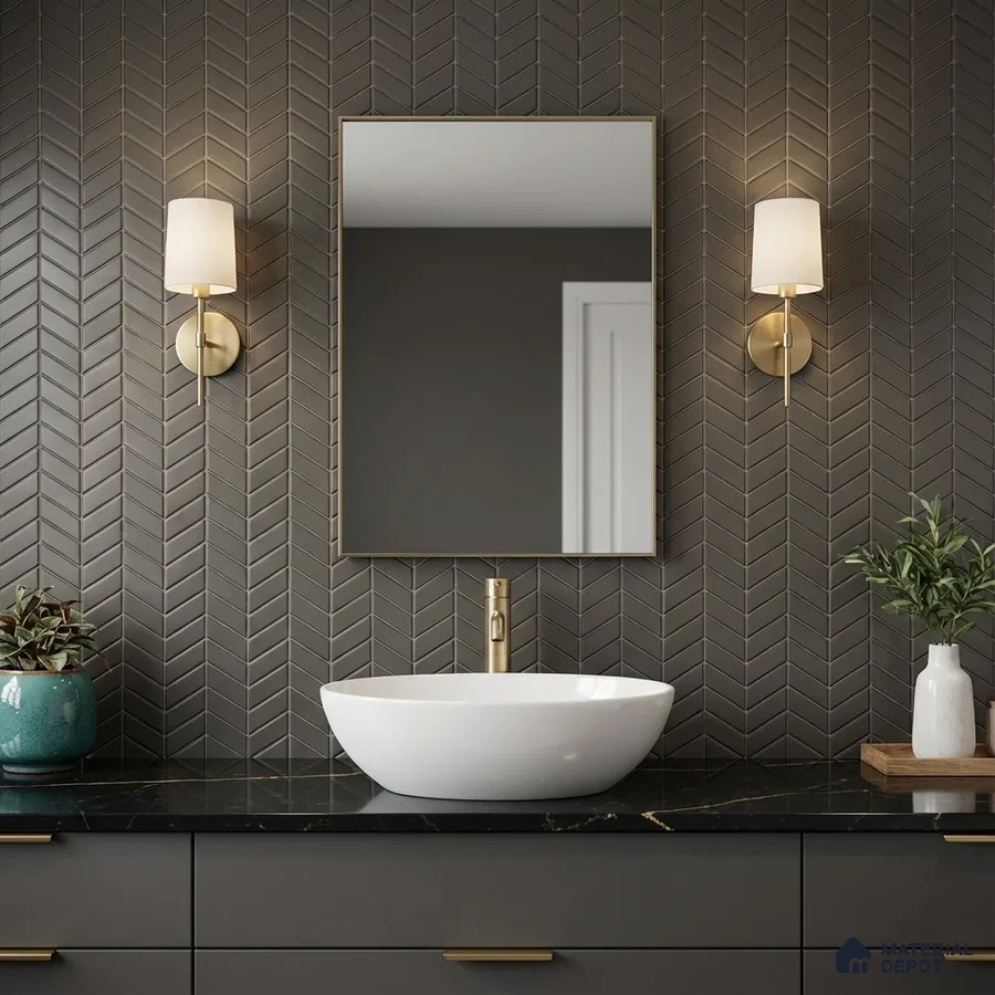 Modern bathroom with matte black chevron wall tiles and black marble countertop