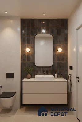Modern bathroom with matte black vertical wall tiles, beige floating vanity, and marble-look wall tiles | Material Depot