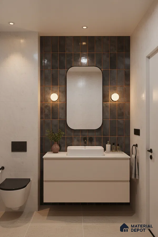 Modern bathroom with matte black vertical wall tiles, beige floating vanity, and marble-look wall tiles | Material Depot