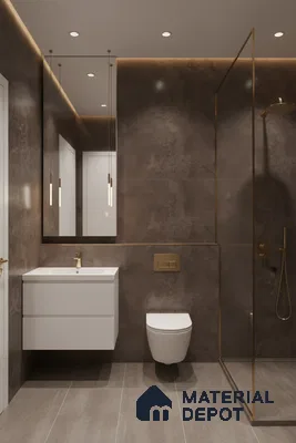 Modern bathroom with matte brown stone wall tiles, taupe floor tiles, and white floating vanity | Material Depot