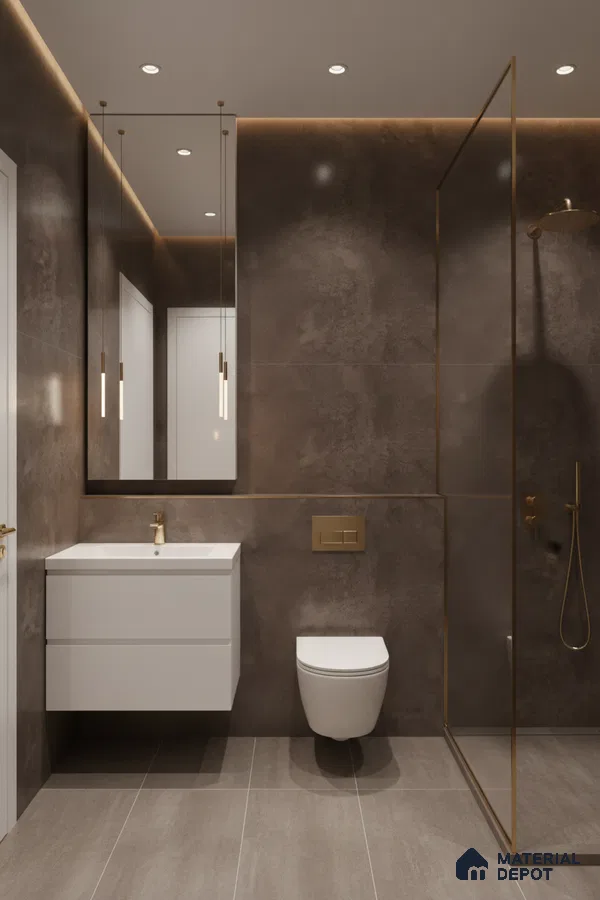 Modern bathroom with matte brown stone wall tiles, taupe floor tiles, and white floating vanity | Material Depot