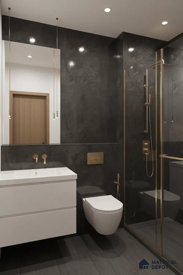 Modern bathroom with matte charcoal grey stone tiles, white floating vanity, and brushed gold fixtures | Material Depot