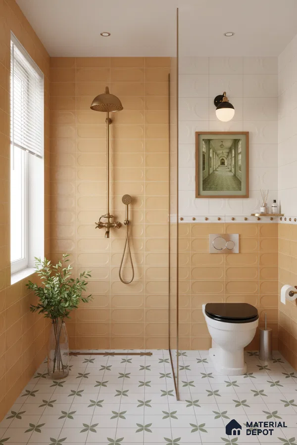 Modern bathroom with matte mustard wall tiles and green floral patterned floor tiles | Material Depot