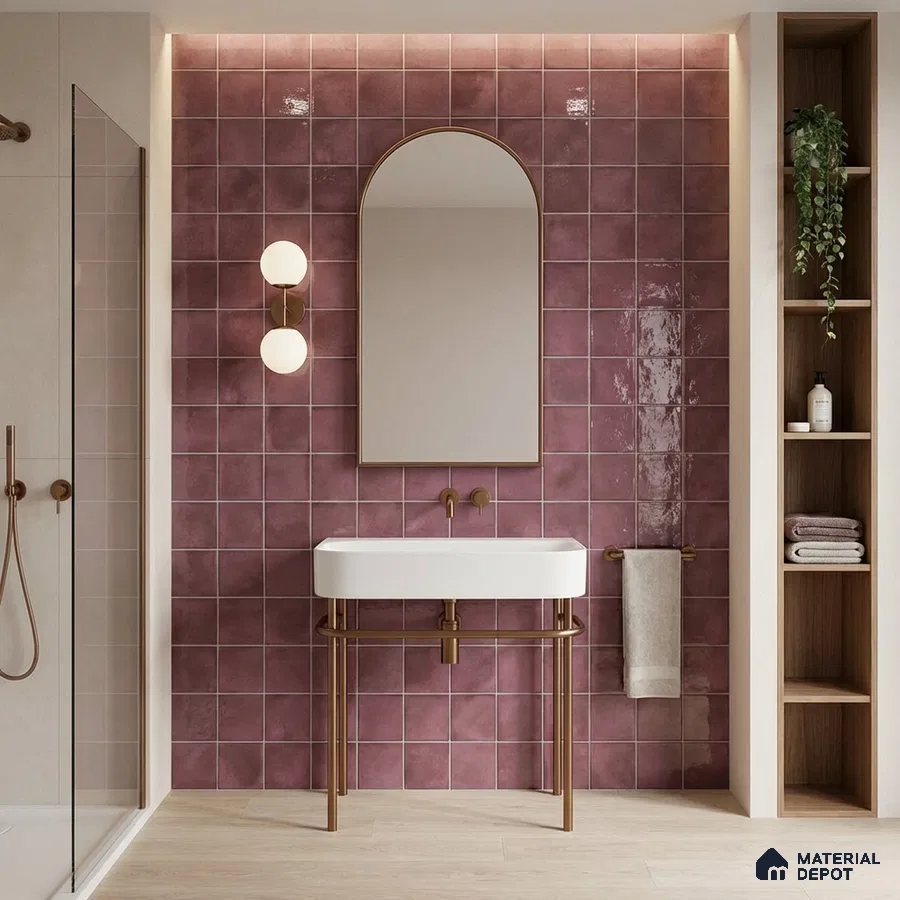 Modern bathroom with mauve square wall tiles and light wood flooring