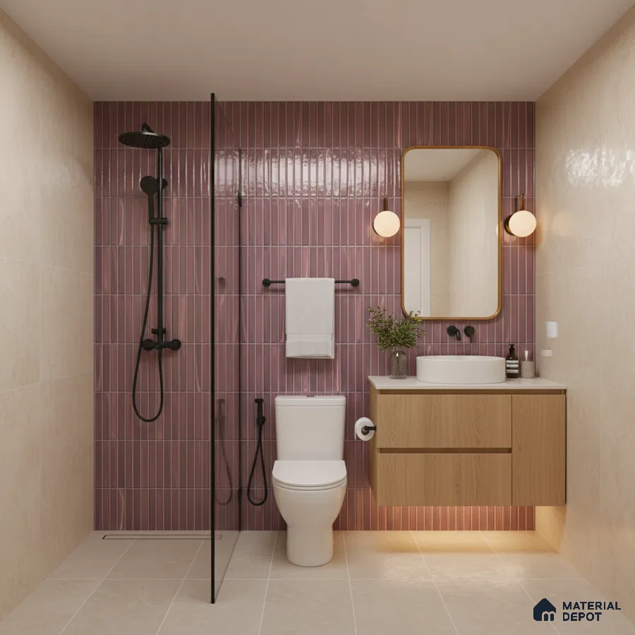Modern bathroom with mauve vertical subway wall tiles, beige floor tiles, and light oak floating vanity | Material Depot