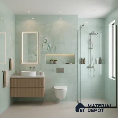 Modern bathroom with mint green marble-look wall tiles, fluted wood vanity, and beige floor tiles | Material Depot