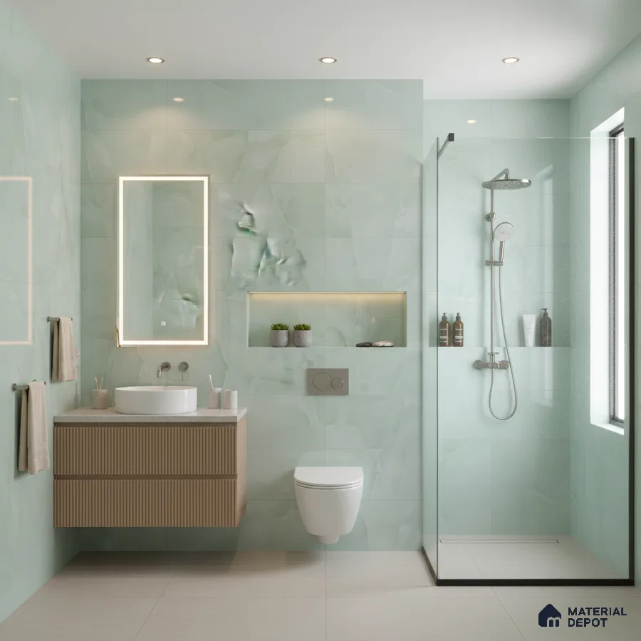 Modern bathroom with mint green marble-look wall tiles, fluted wood vanity, and beige floor tiles | Material Depot