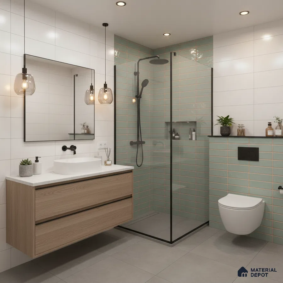 Modern bathroom with mint green subway wall tiles, white wall tiles, and wood laminate floating vanity | Material Depot