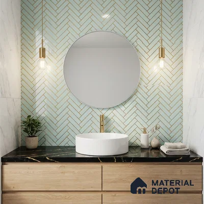 Modern bathroom with mint herringbone wall tile, black marble countertop, and light oak vanity
