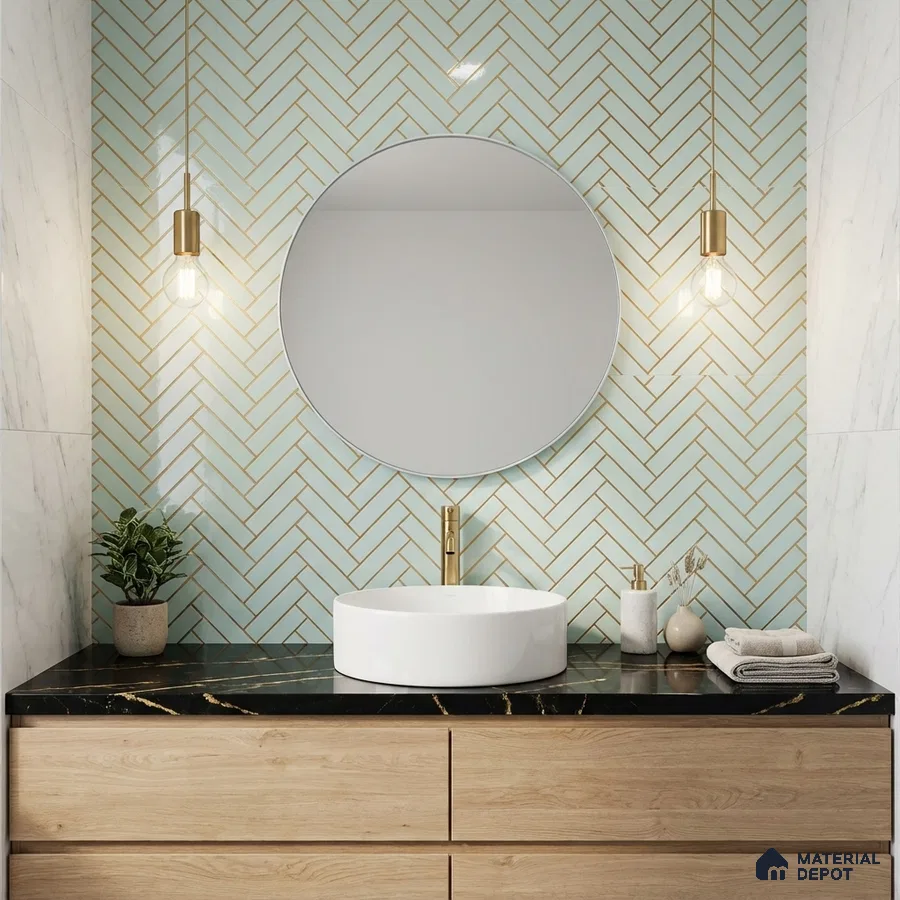 Modern bathroom with mint herringbone wall tile, black marble countertop, and light oak vanity