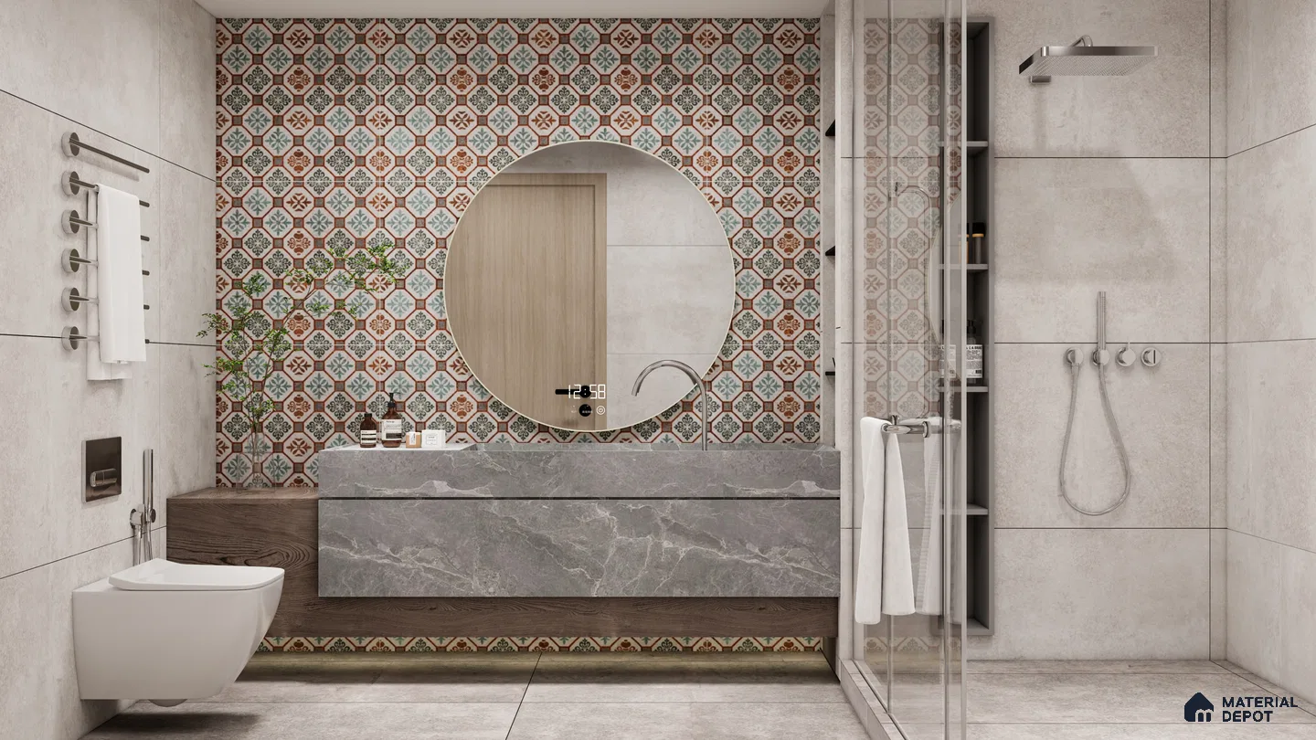 Modern Bathroom with Moroccan Highlighter Tiles and Marble Vanity | Material Depot