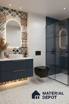 Modern bathroom with moroccan patterned wall tiles, terrazzo floor tiles, and navy blue vanity in Bengaluru | Material Depot