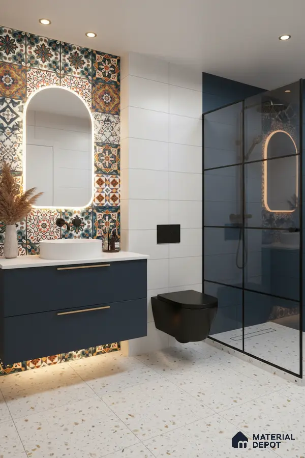 Modern bathroom with moroccan patterned wall tiles, terrazzo floor tiles, and navy blue vanity in Bengaluru | Material Depot