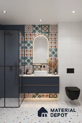 Modern bathroom with moroccan patterned wall tiles, terrazzo floor tiles, and navy blue vanity in Bengaluru | Material Depot