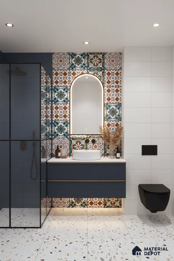 Modern bathroom with moroccan patterned wall tiles, terrazzo floor tiles, and navy blue vanity in Bengaluru | Material Depot