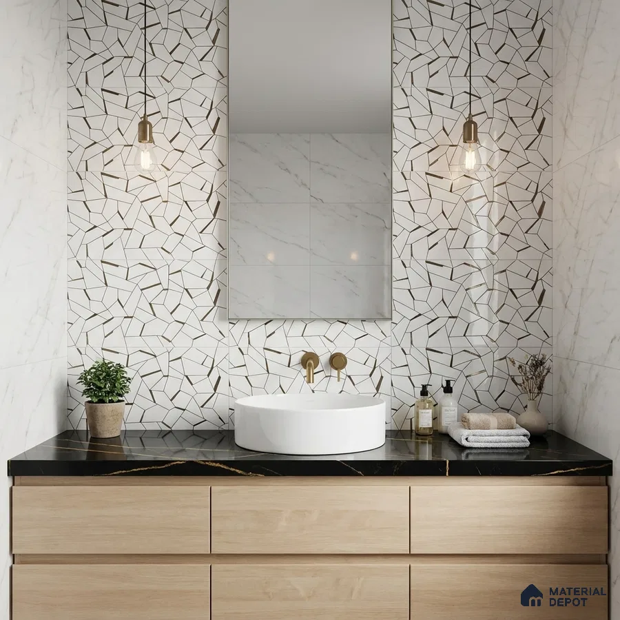 Modern bathroom with mosaic geometric wall tiles, black marble countertop, and light wood vanity