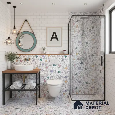 Modern bathroom with mosaic terrazzo wall and floor tiles, white subway wall tiles, and black-framed shower in Bengaluru | Material Depot