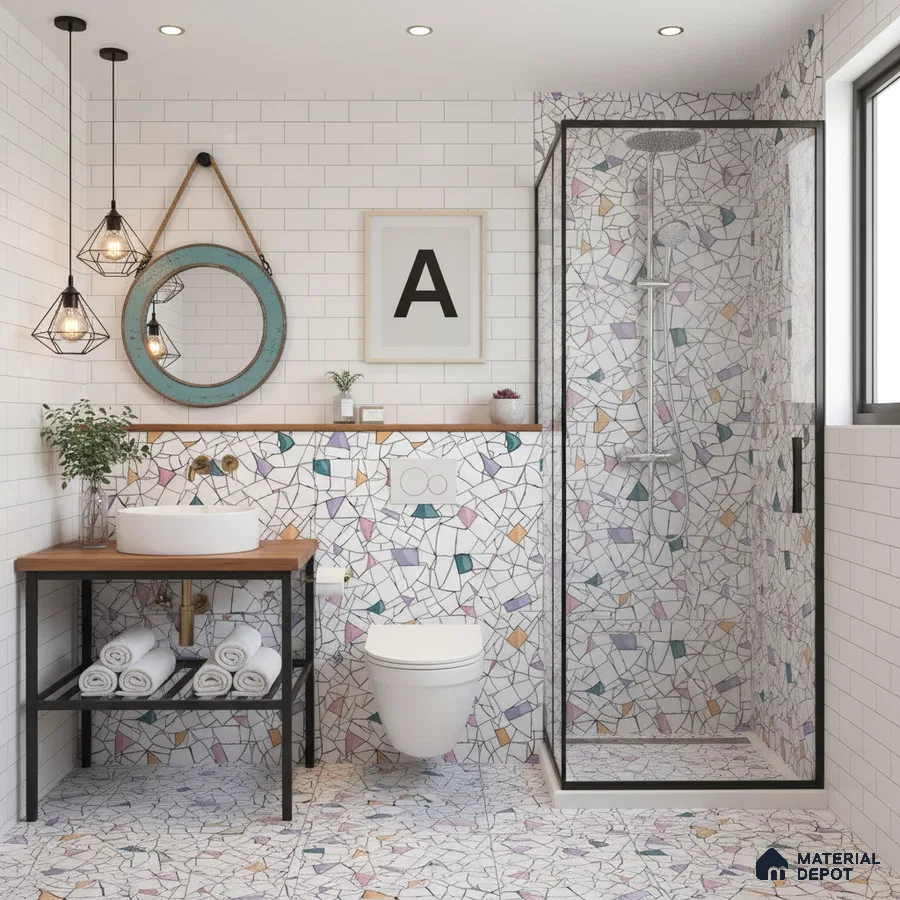 Modern bathroom with mosaic terrazzo wall and floor tiles, white subway wall tiles, and black-framed shower in Bengaluru | Material Depot