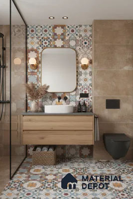 Modern bathroom with multicolor moroccan patterned tiles, beige stone wall tiles, and oak wood vanity in Bengaluru | Material Depot