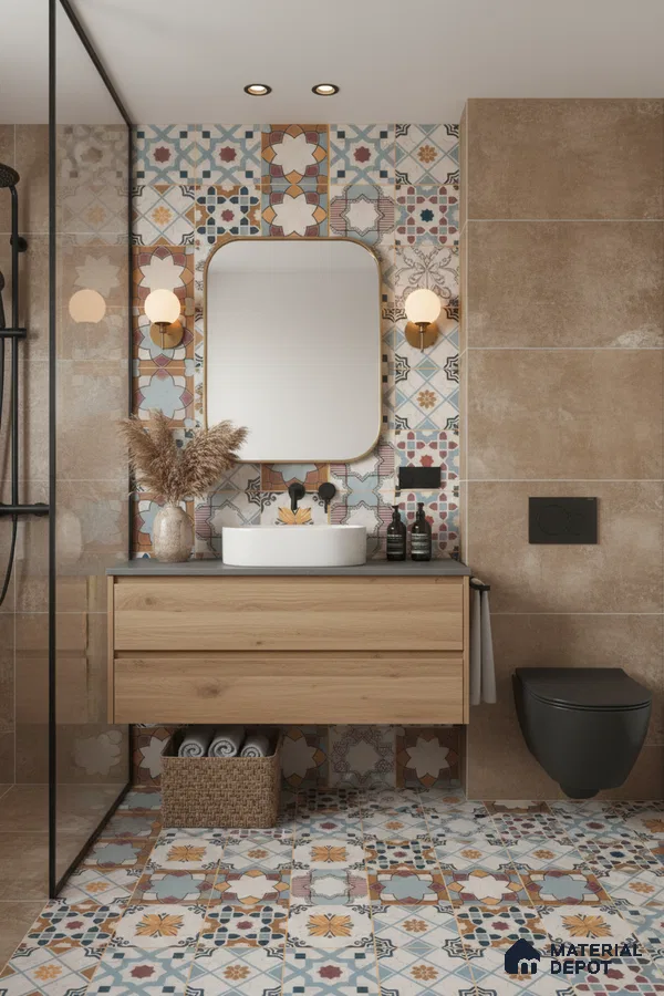 Modern bathroom with multicolor moroccan patterned tiles, beige stone wall tiles, and oak wood vanity in Bengaluru | Material Depot