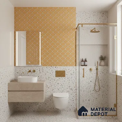 Modern bathroom with mustard fishscale wall tile and terrazzo wall and floor tiles | Material Depot