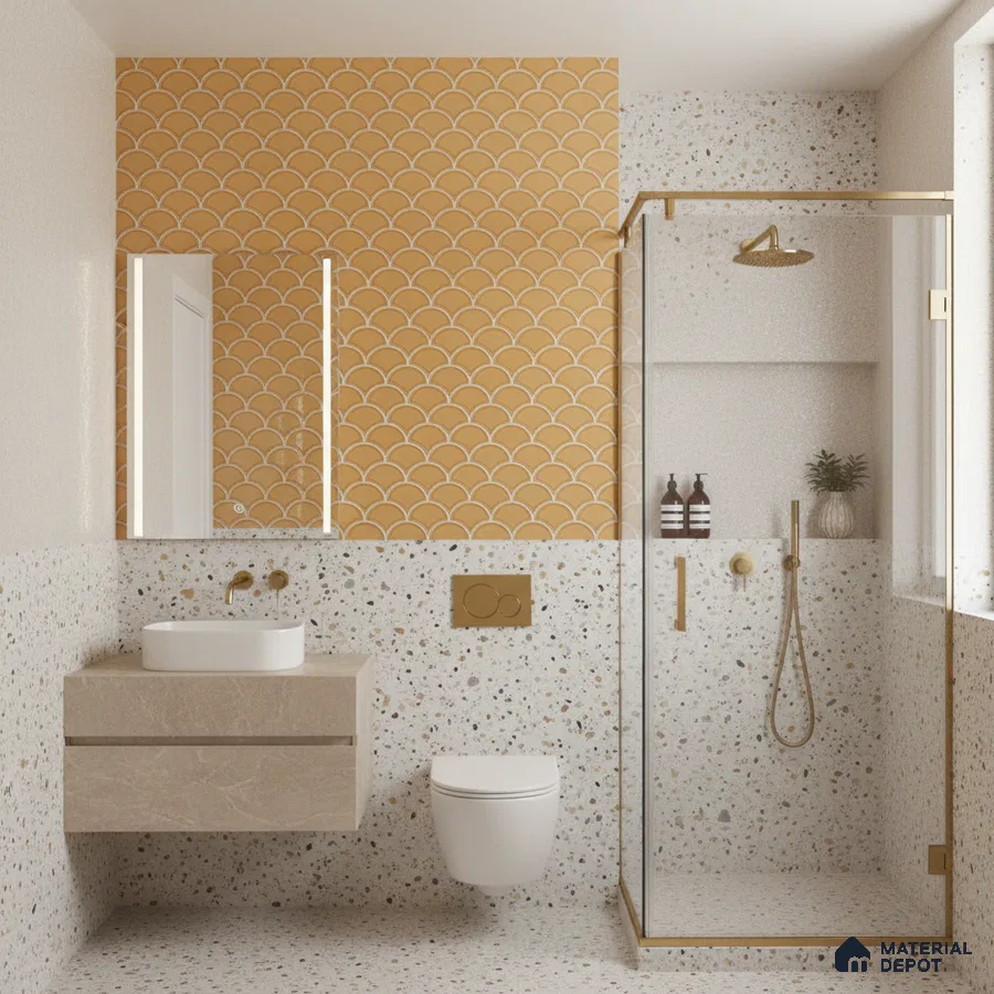 Modern bathroom with mustard fishscale wall tile and terrazzo wall and floor tiles | Material Depot