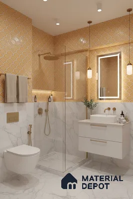 Modern bathroom with mustard fishscale wall tiles and white marble-look floor and wall tiles | Material Depot
