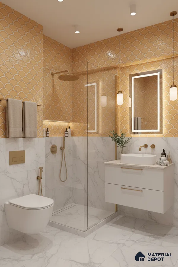 Modern bathroom with mustard fishscale wall tiles and white marble-look floor and wall tiles | Material Depot