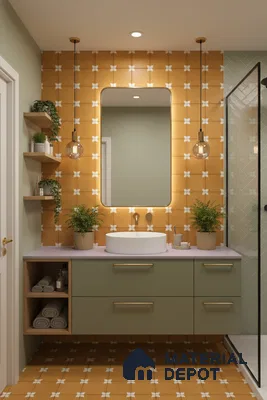 Modern bathroom with mustard geometric patterned tiles, sage green vanity, and herringbone shower wall tiles in Bengaluru | Material Depot