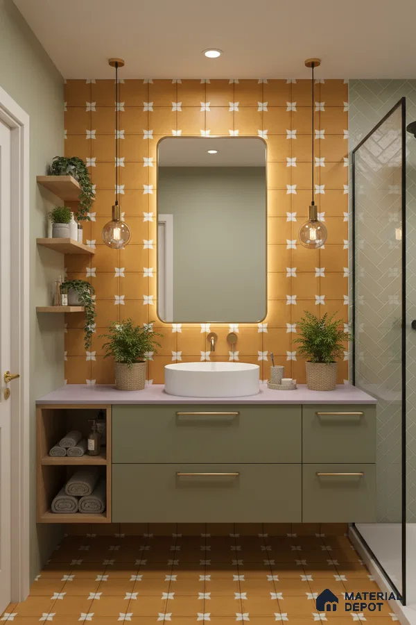 Modern bathroom with mustard geometric patterned tiles, sage green vanity, and herringbone shower wall tiles in Bengaluru | Material Depot